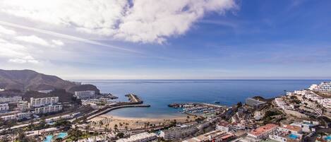 A coastal town with a beach, marina, and residential buildings.