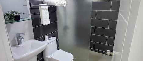 Ein modernes Badezimmer mit Duschkabine aus Glas, einem weißen Waschbecken und einer Toilette.