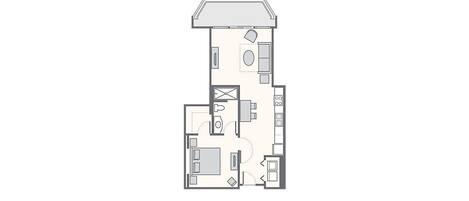 Plano de una habitación de hotel que incluye baño, kitchenette, sala de estar y dormitorio.