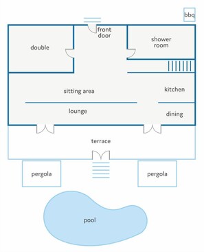 Plano de planta que muestra una habitación doble, sala de estar, salón, terraza, pérgola, comedor, cocina, baño con ducha y piscina.