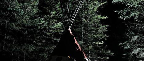 A teepee with a circular fire pit in the center, surrounded by dense forest.