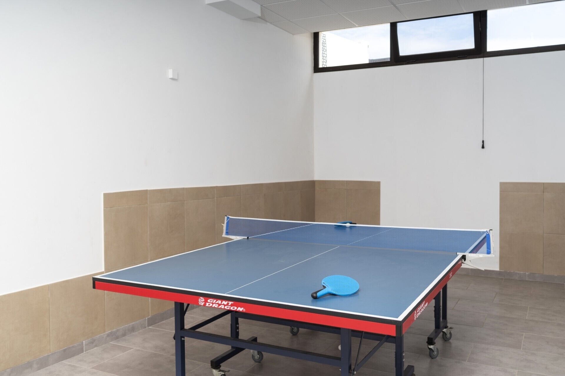 Une table de ping-pong avec une surface de jeu bleue et un bord rouge, portant l’inscription « DRAGON GÉANT ».