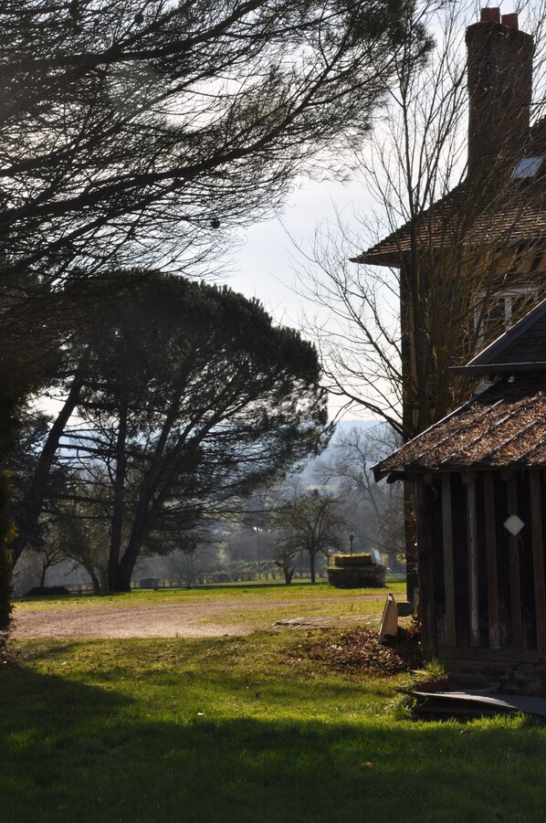 A rustic building with a chimney, surrounded by a grassy area and large trees.