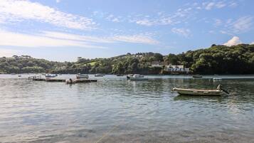 A calm lake with several boats docked, surrounded by lush greenery and a few houses.