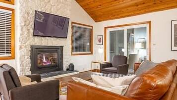 Smart TV, fireplace, books