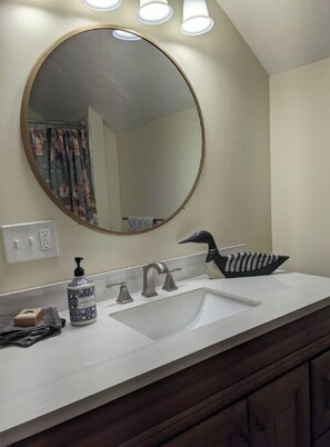 Shower, hair dryer, towels, soap - Large studio with private bath and kitchenette (Rumney)