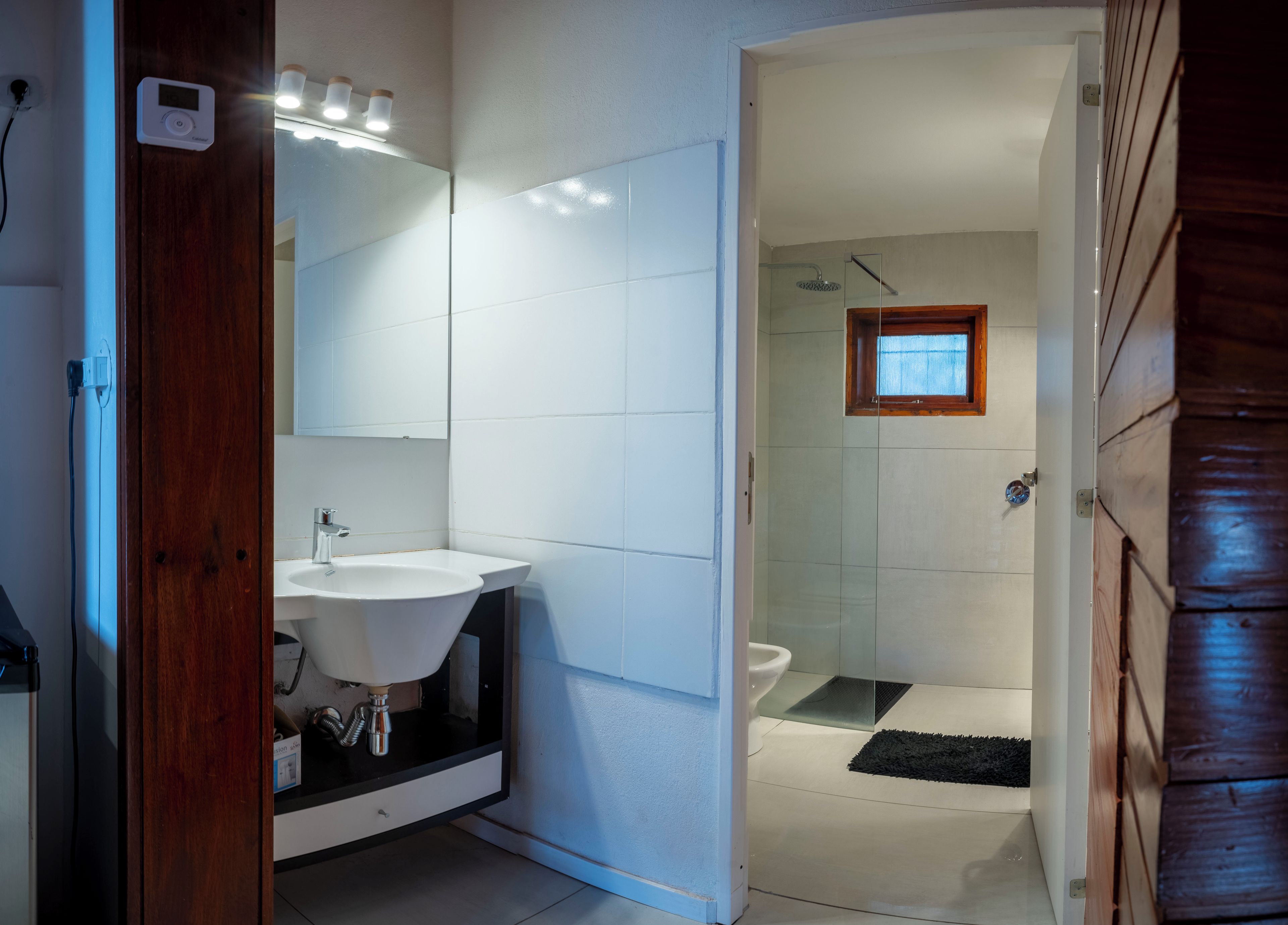 Een badkamer met een witte wasbak, spiegel en een douchecabine met glazen wanden.