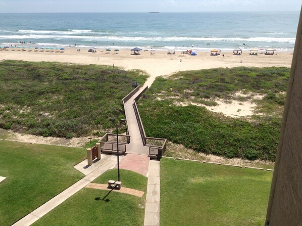 Une vue sur la plage, avec une promenade en bois qui mène au rivage, le tout entouré de verdure.