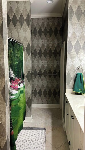 Shower, jetted tub, hair dryer, towels