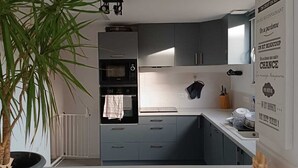 A modern kitchen with grey cabinets, a built-in oven, and a potted plant. - House Townhouse with terrace and enclosed garden near town center (Talmont-Saint-Hilaire)