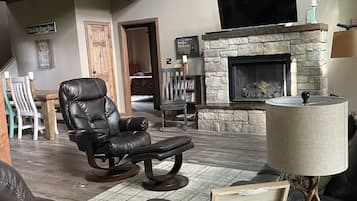 TV connectée, cheminée, lecteur de DVD, livres