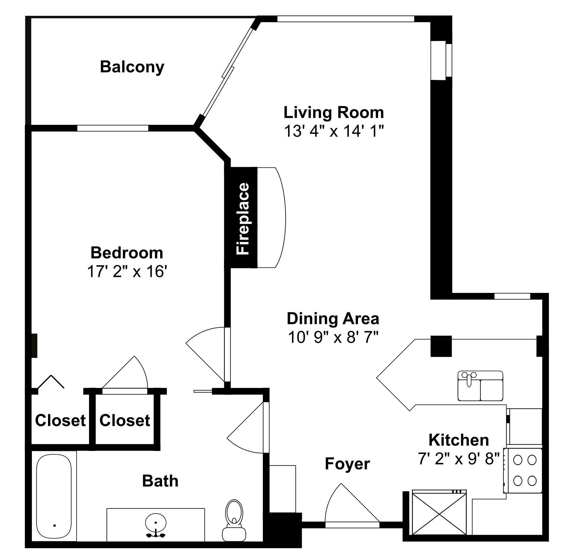 A floor plan with a bedroom, balcony, living room, dining area, kitchen, bathroom, foyer, closet, and fireplace.