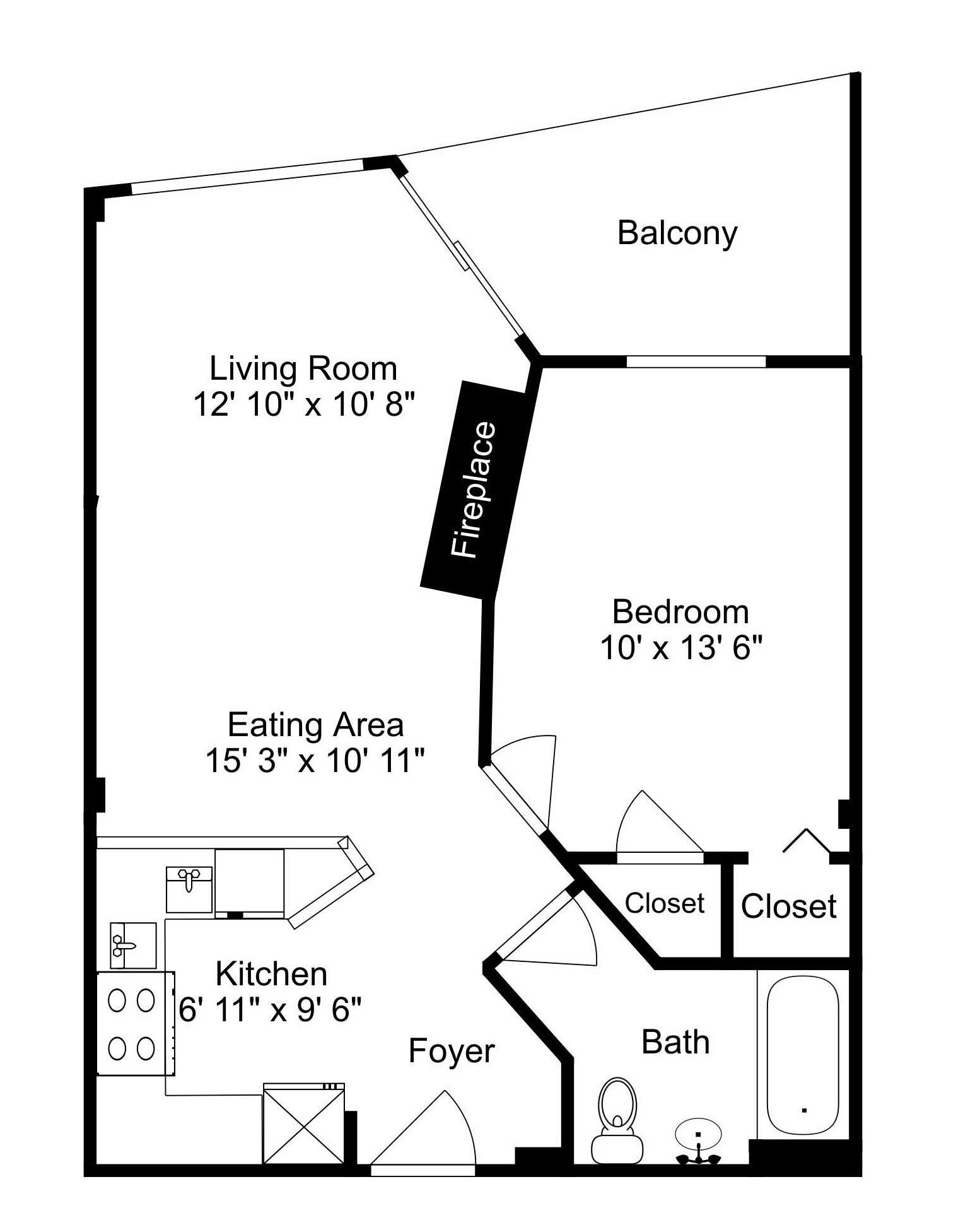 Plano de planta de una propiedad en 150 Ida Belle Drive, Dillon, con una superficie habitable total de 557 pies cuadrados y una superficie total de 557 pies cuadrados. Incluye sala de estar, balcón, dormitorio, comedor, cocina, vestíbulos, armarios y un baño.