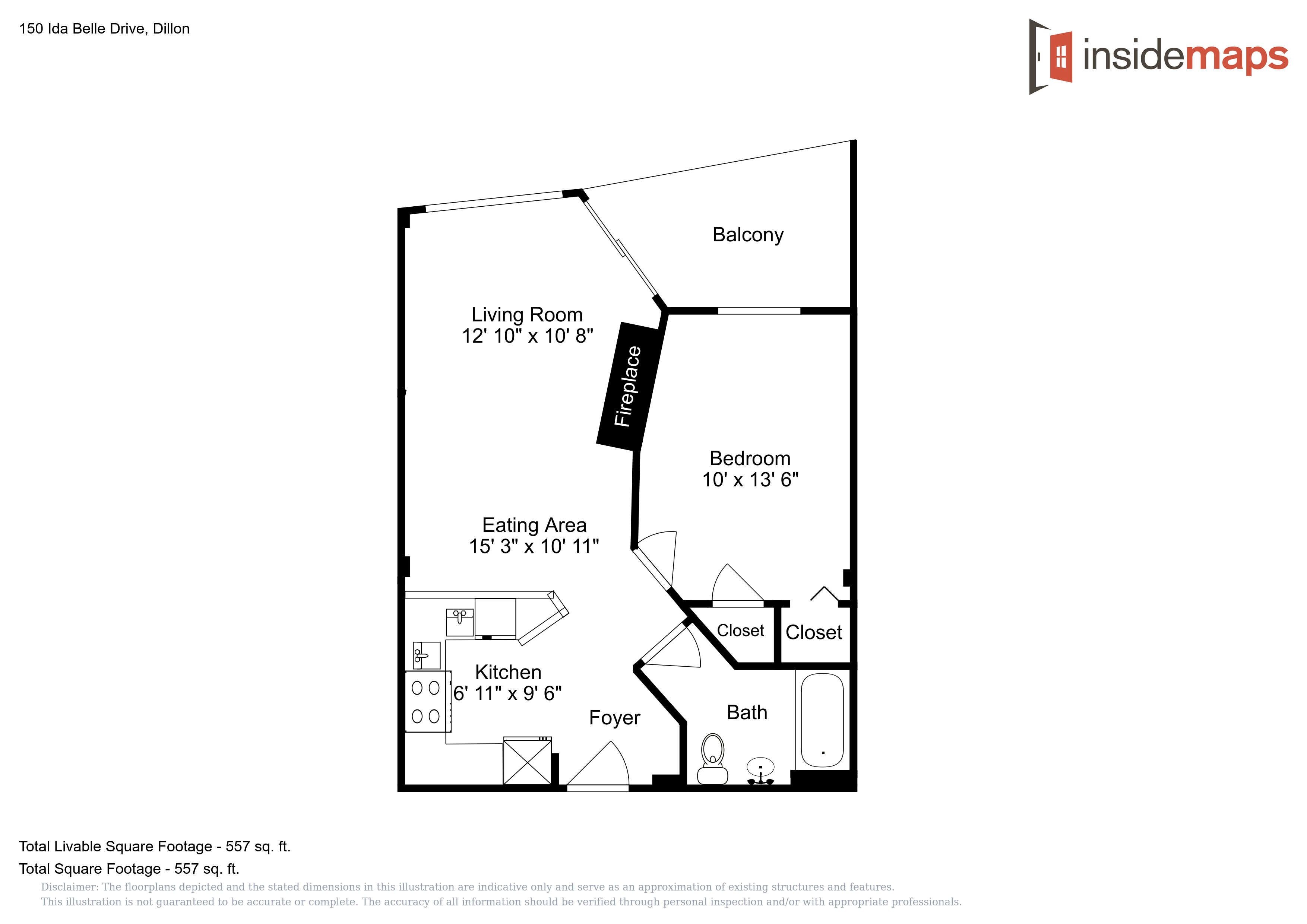 A floor plan of a property at 150 Ida Belle Drive, Dillon with a total livable square footage of 557 sq. ft. and total square footage of 557 sq. ft. It includes a living room, balcony, bedroom, eating area, kitchen, foyers, closets, and a bath.