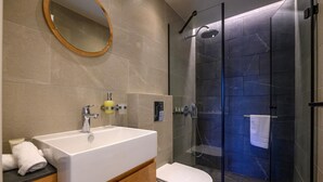Une salle de bain moderne avec un grand lavabo, des toilettes et une douche à parois de verre.