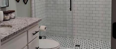 Hair dryer, towels, soap, shampoo