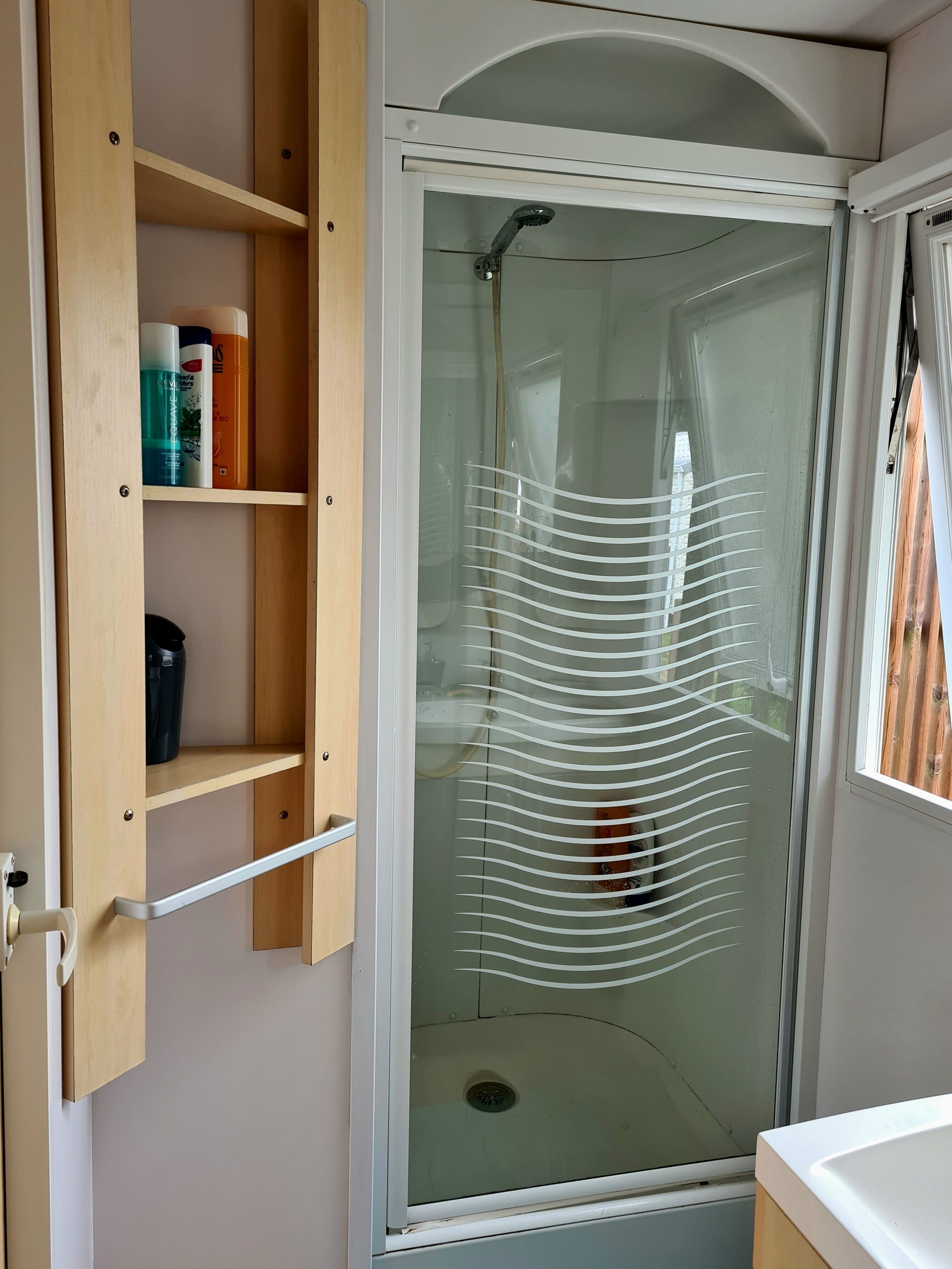 Eine Dusche mit Glastür, ein Holzregal mit Pflegeprodukten und ein Ausblick durch die Tür.