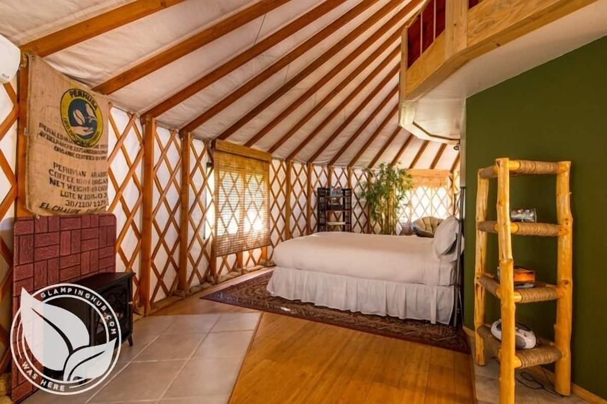 A cozy, naturally lit tent with a bed, a wooden ladder, and a small table.