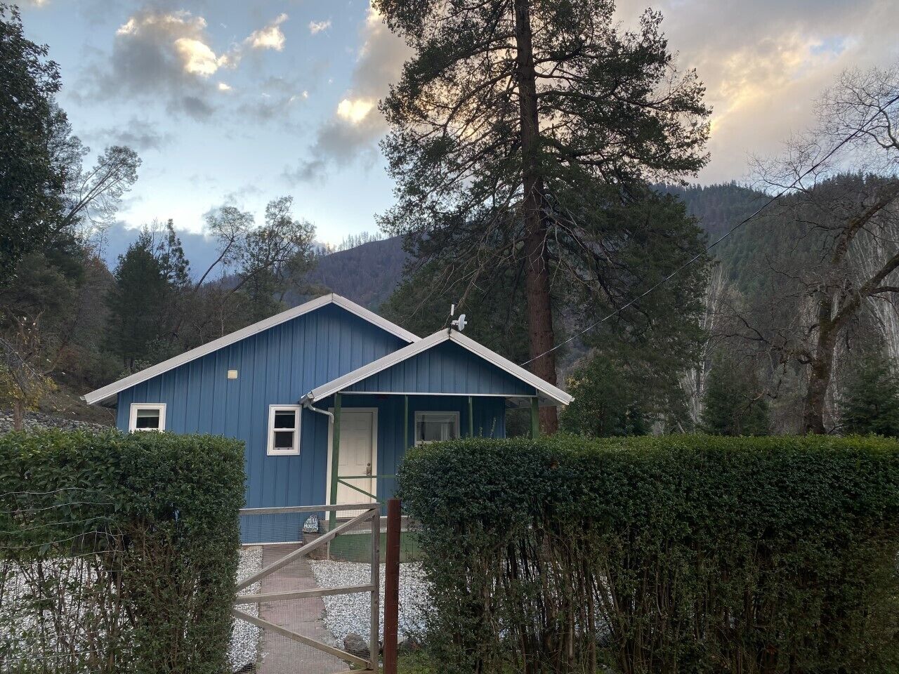 A blue house with a white door and windows, surrounded by trees and a fence.