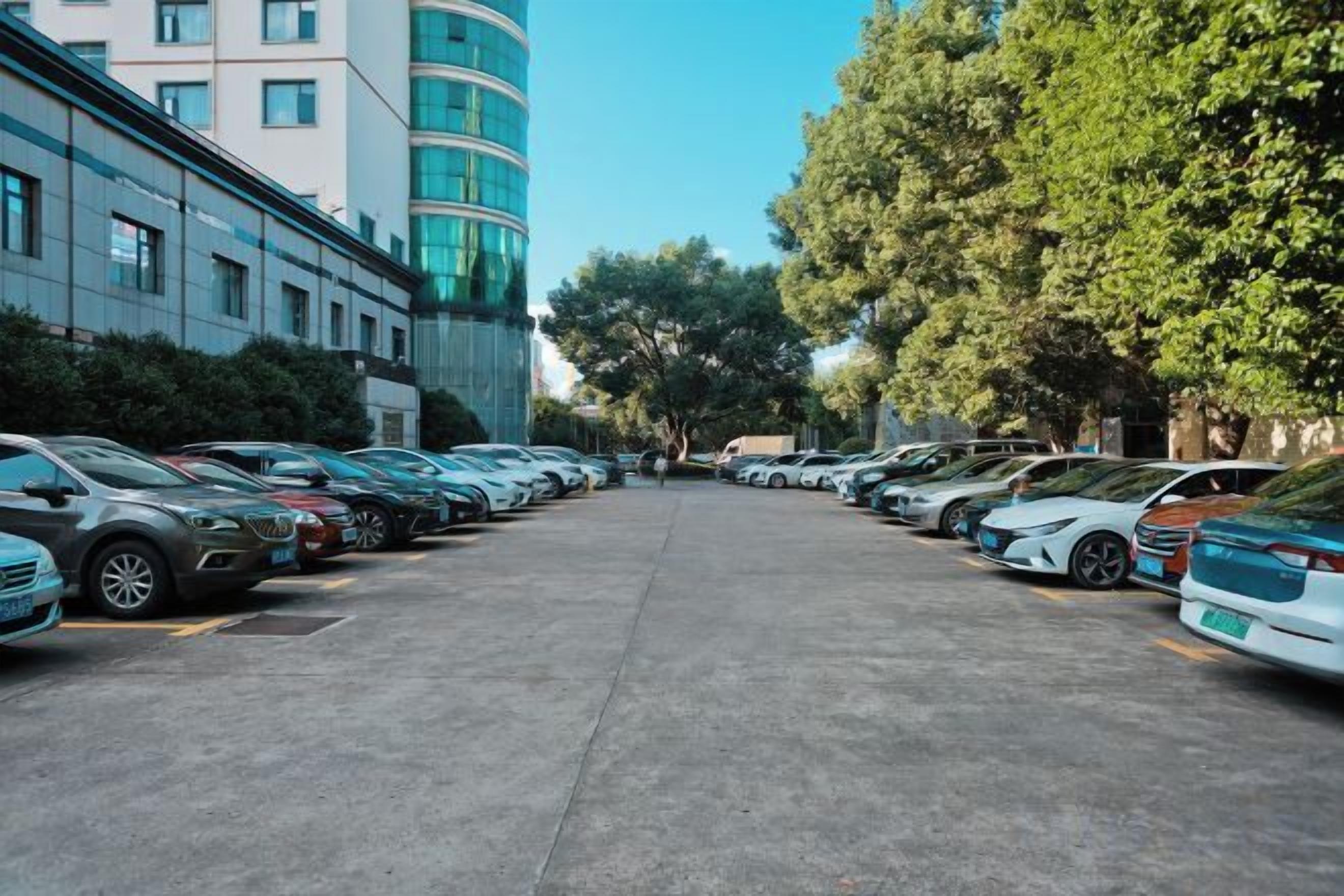 Un estacionamiento con varios coches aparcados en filas, un edificio con fachada curva y árboles a lo largo de la calle.
