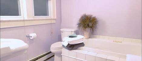 Hair dryer, towels, soap, shampoo