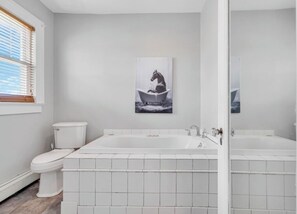 Hair dryer, towels, soap, shampoo