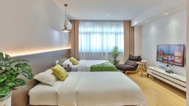 A modern hotel room with a large bed, a small desk, a TV, and a potted plant. - The 2 90's Guys Inn (Tongxiang)