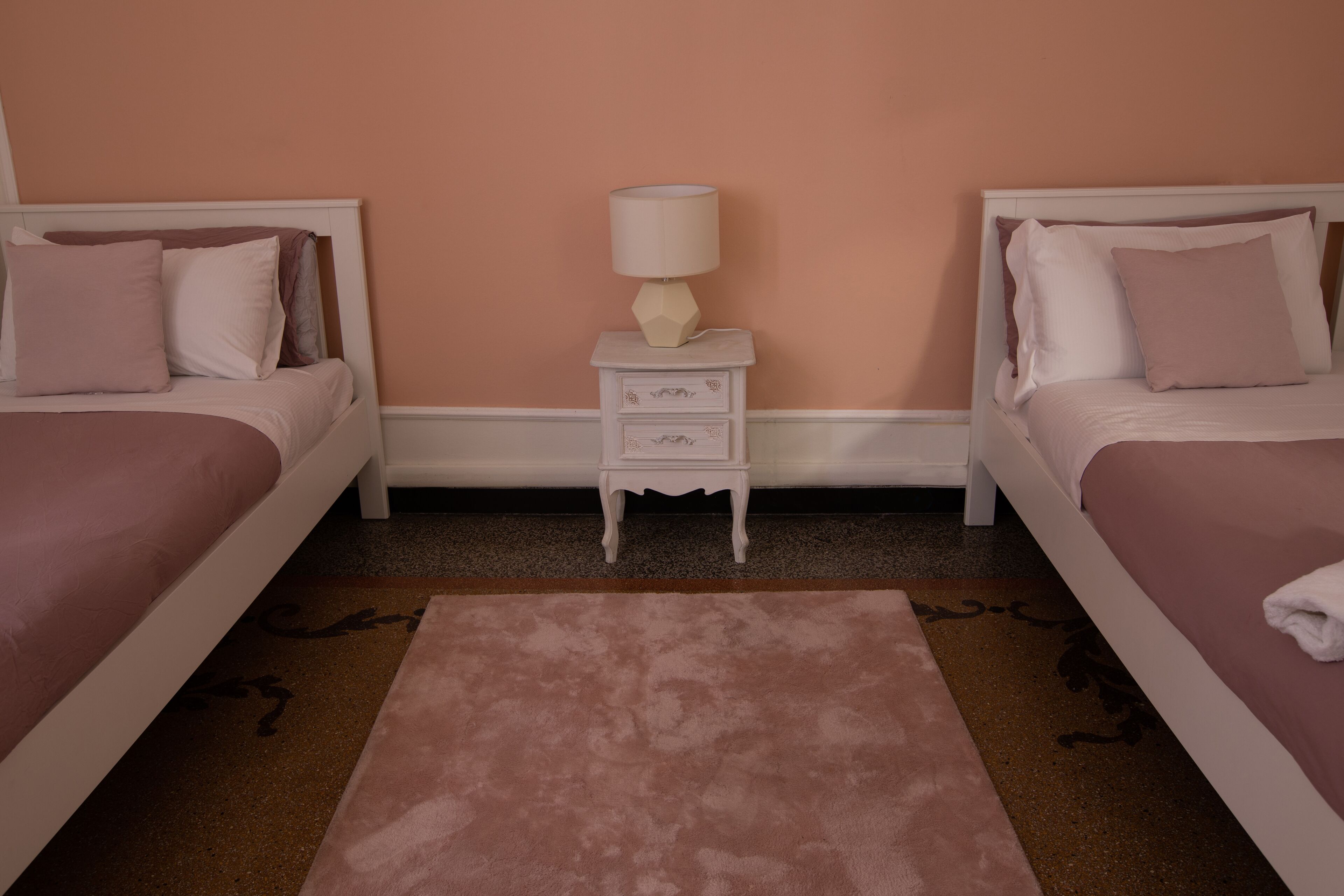 A bedroom with two beds, a nightstand with a lamp, and a pink rug.