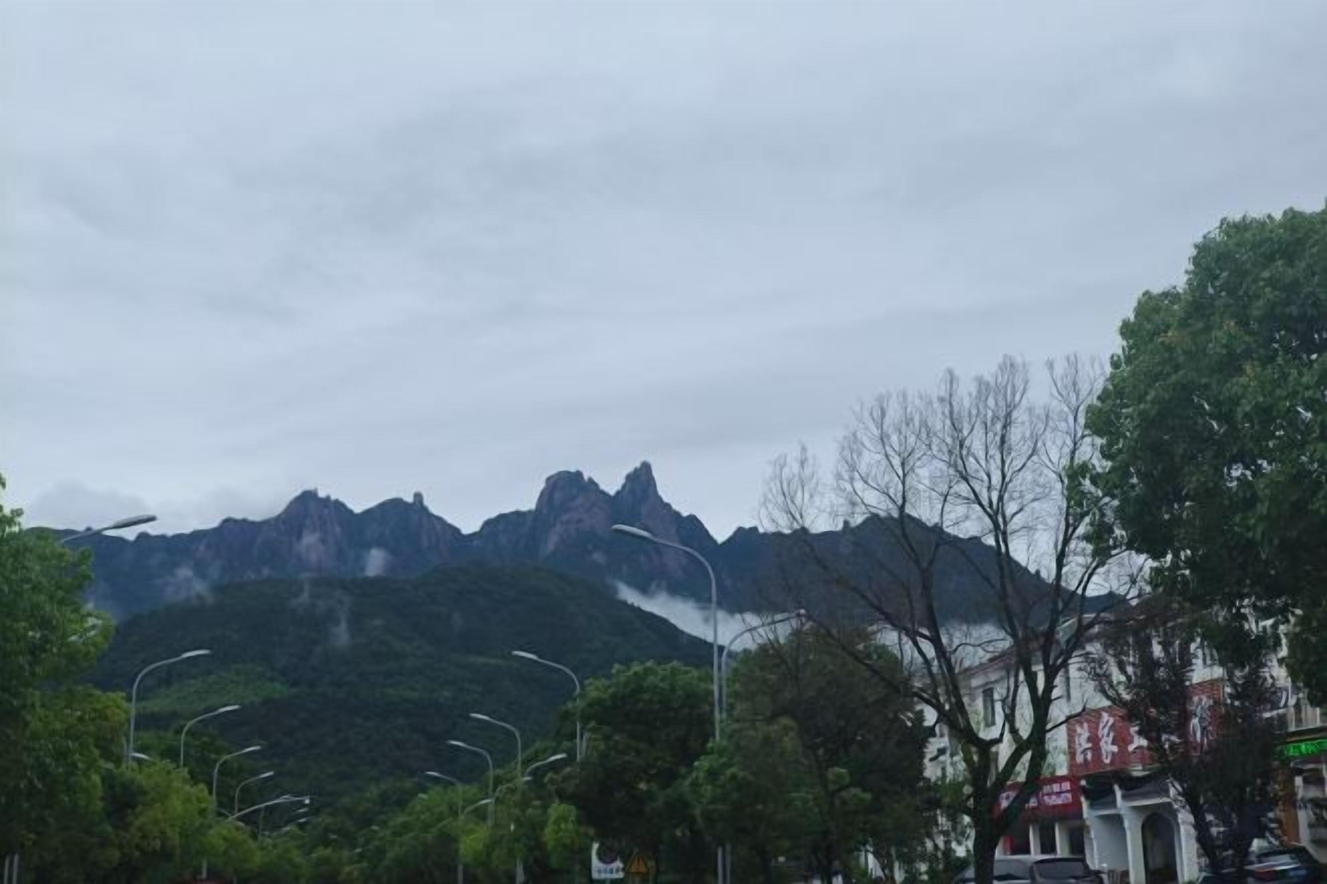 A street with trees and a mountain in the background.