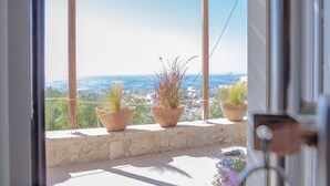 Ein Balkon mit Blumentöpfen und Blick aufs Meer.