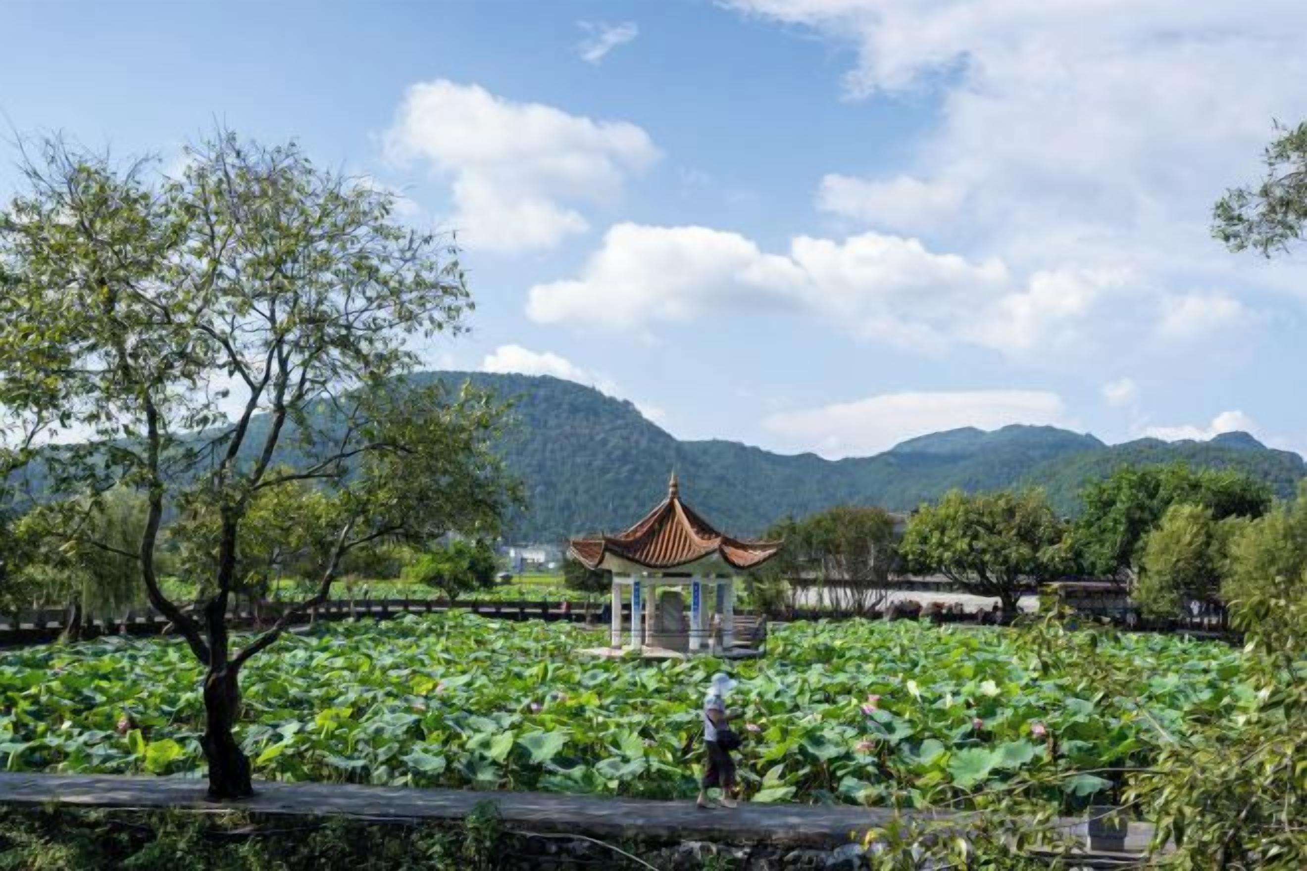 A traditional pavilion with a tiled roof, surrounded by lotus ponds and greenery, with mountains in the background.
