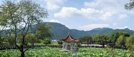 A traditional pavilion with a tiled roof, surrounded by lotus ponds and greenery, with mountains in the background.
