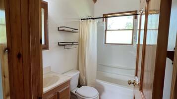 Hair dryer, towels, soap, shampoo