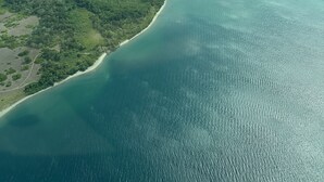 Luftaufnahme einer Küstenlandschaft mit Strand, bewaldetem Gebiet und einer kleinen Siedlung.