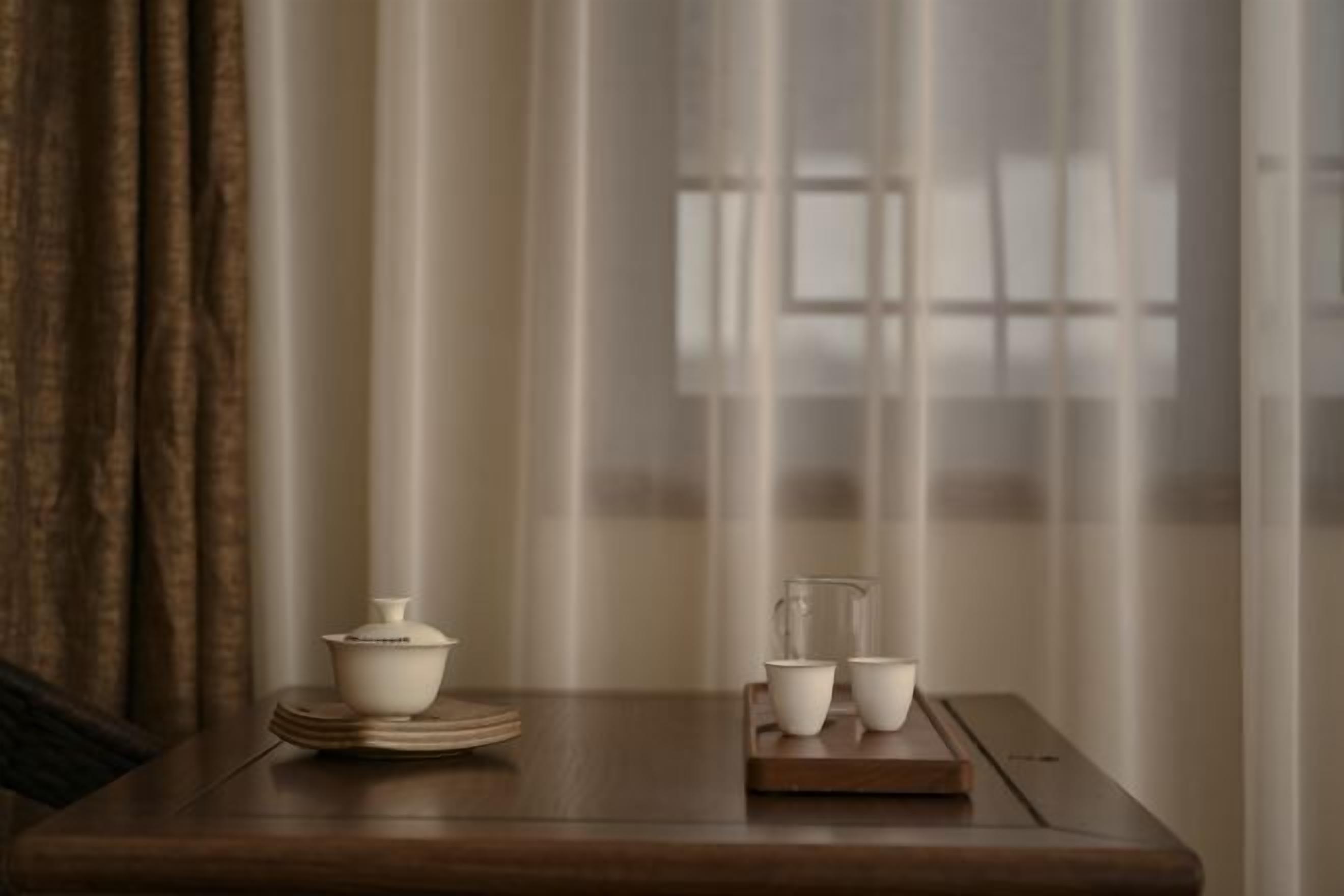 Desk, blackout drapes, bed sheets