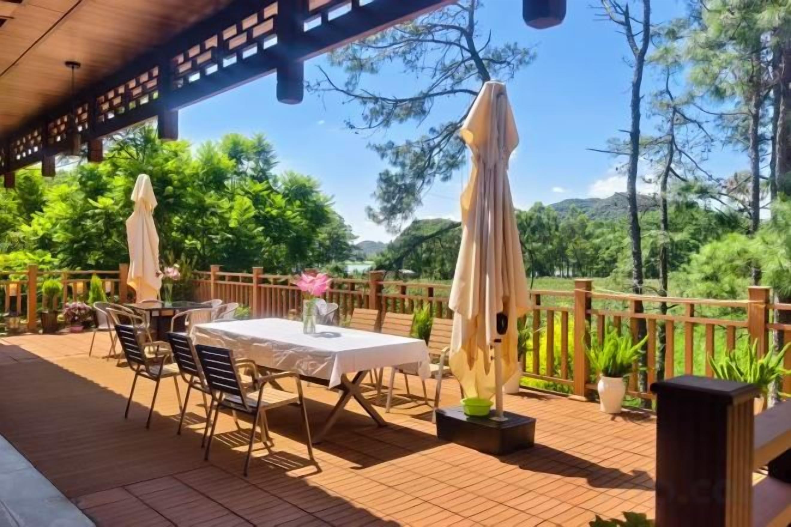 An outdoor patio with tables and chairs, a wooden fence, and potted plants.