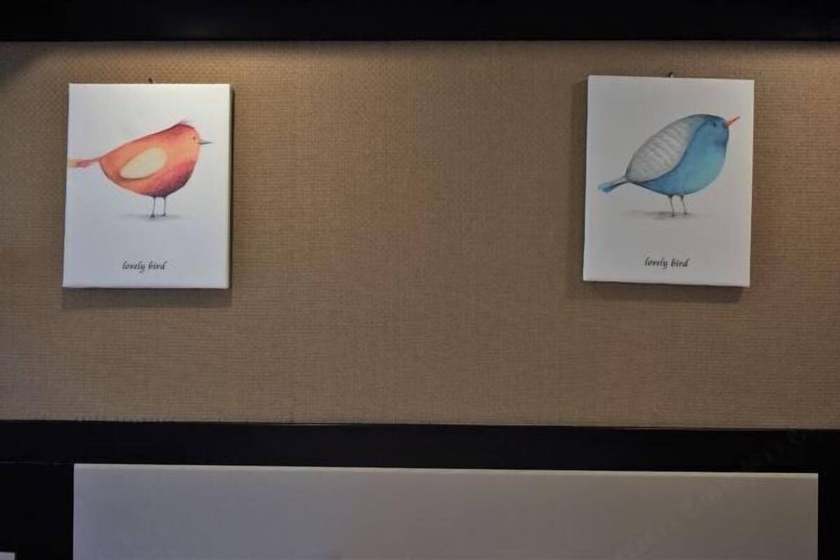 Two framed illustrations of birds on a wall.