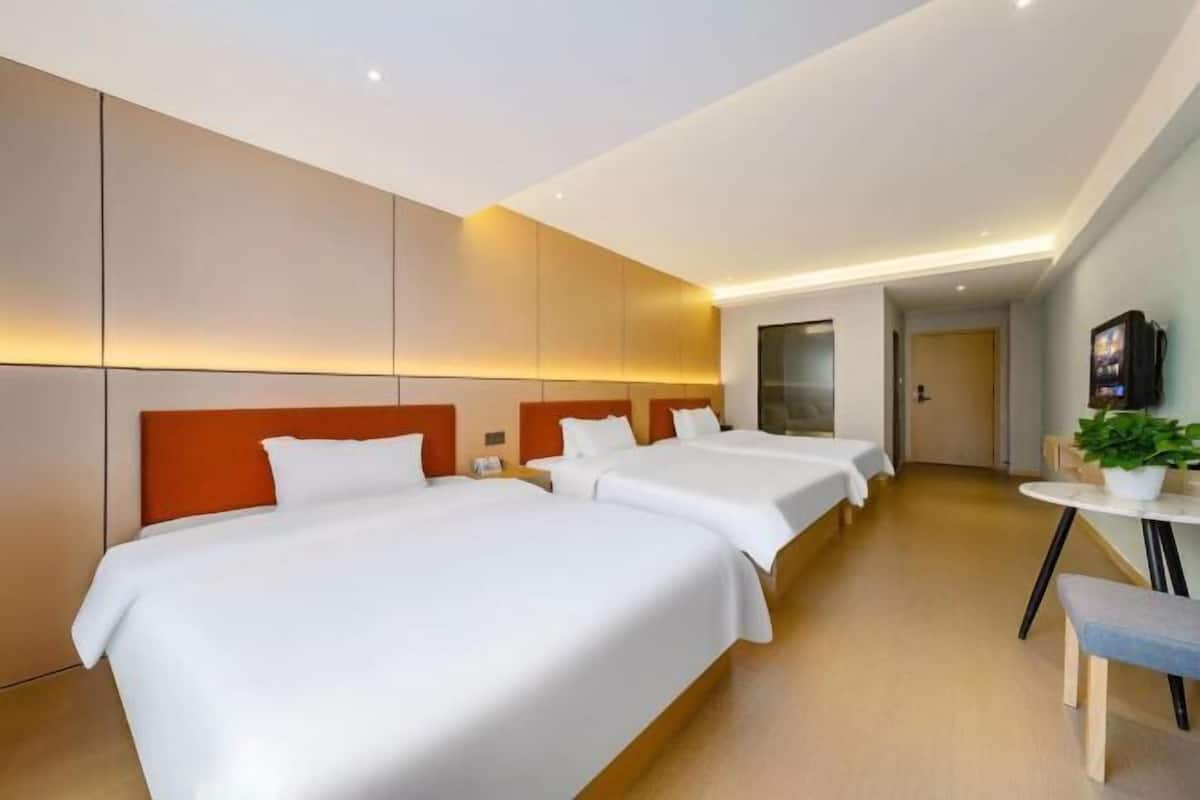 A hotel room with three beds, a small table, and a potted plant.