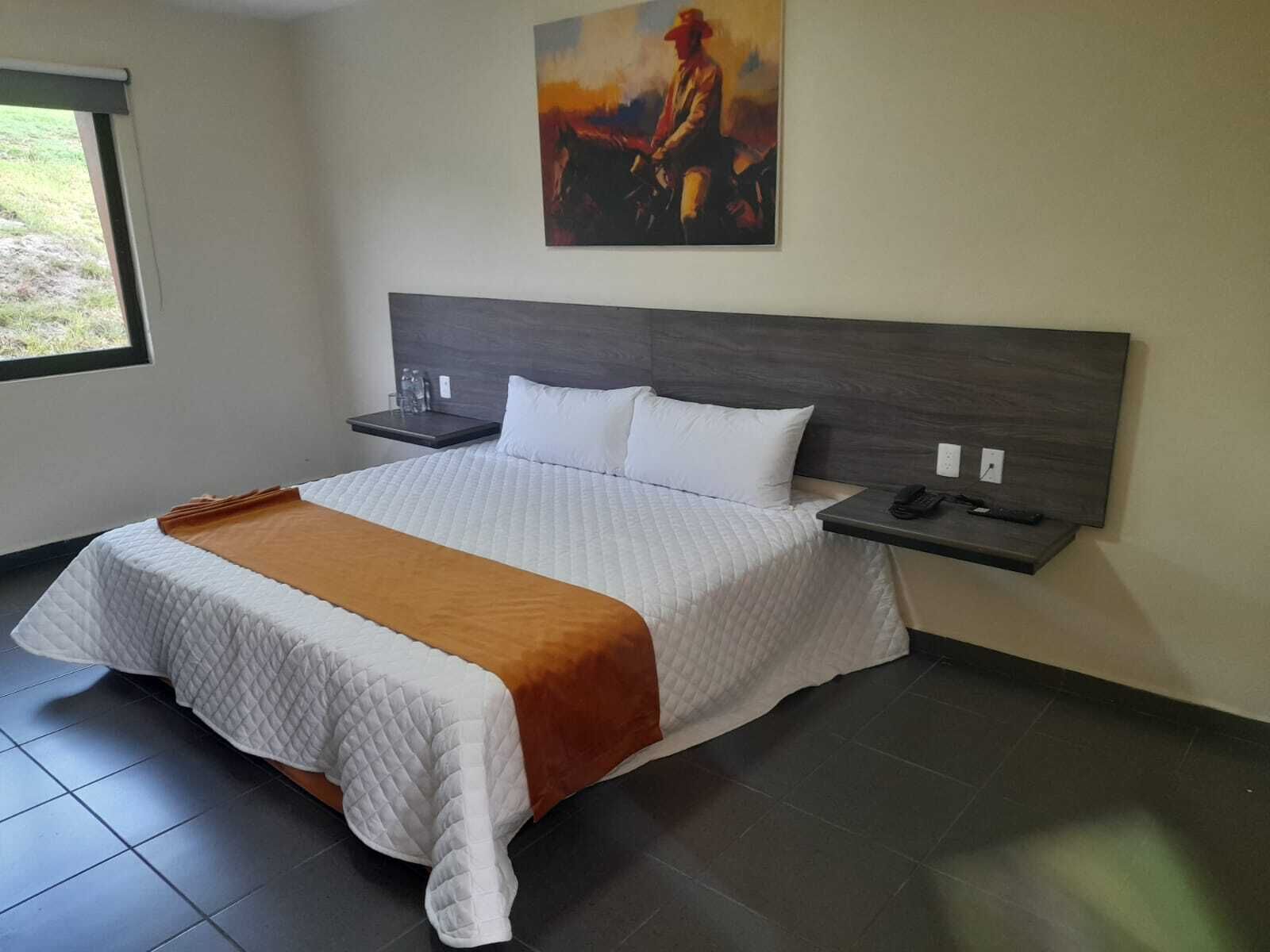 Una habitación de hotel con una cama grande, cabecera, mesita de noche, un cuadro y una ventana.