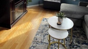 A corner room with a bay window, a small round table with a plant, a dark wooden cabinet, and a grey sofa. - Bay View Gem (Milwaukee)