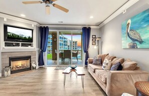 Smart TV, fireplace, video games, DVD player