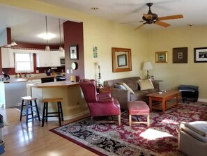 Smart TV, fireplace, DVD player, books