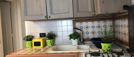 Fridge, stovetop, dishwasher, coffee/tea maker