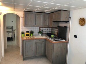 Une cuisine compacte avec des meubles gris, une cuisinière à gaz et un four à micro-ondes. Des plantes en pot sont disposées sur le plan de travail.