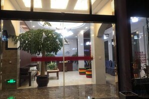 Un área de recepción con una planta grande en maceta, un mostrador de recepción y una zona de estar con sillas.