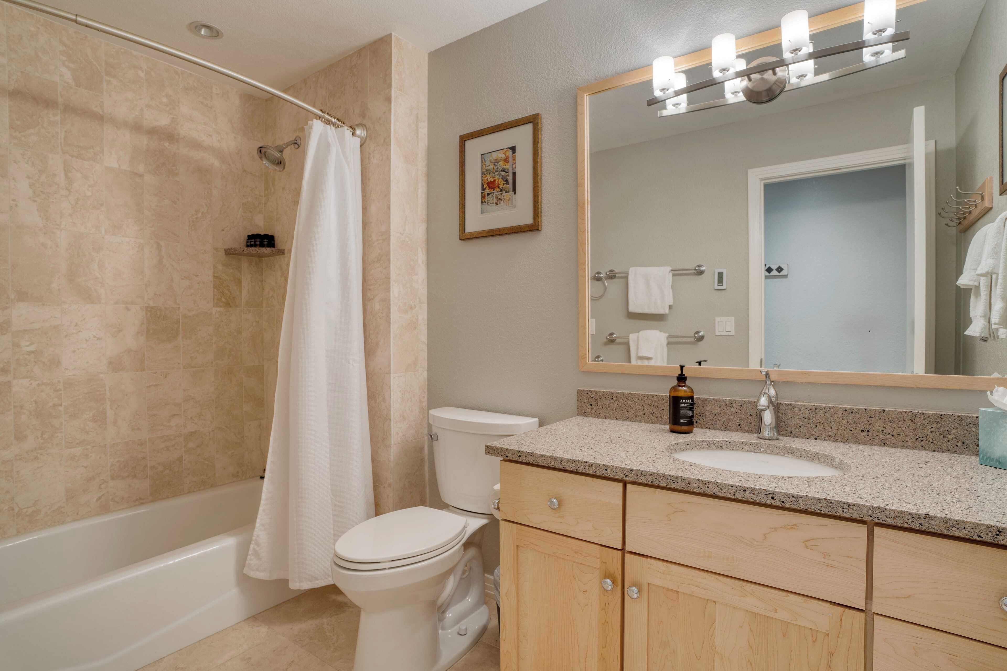 Une salle de bain équipée d’une baignoire, de toilettes, d’un meuble-lavabo avec un miroir et d’un rideau de douche.