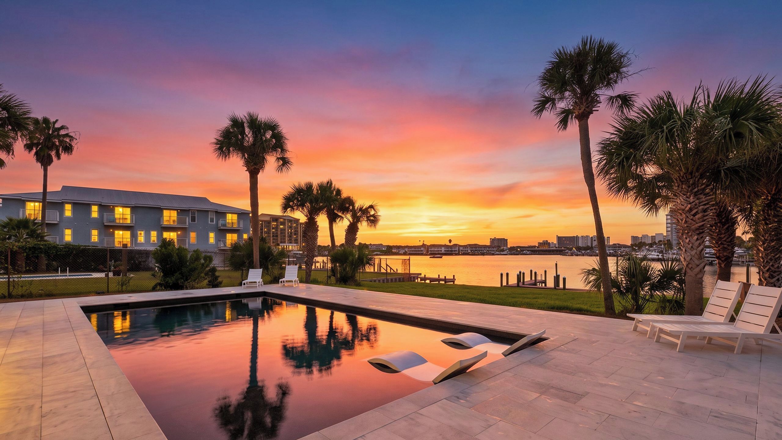 A swimming pool with lounge chairs, a waterfront view, and a building with balconies.