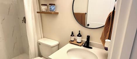 Hair dryer, towels, soap, shampoo