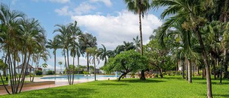A lush green lawn with palm trees, a swimming pool, and a clear sky.