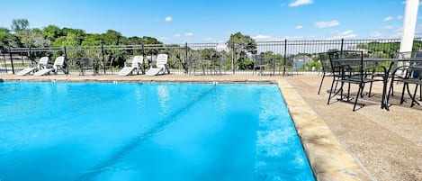 Seasonal outdoor pool, pool umbrellas